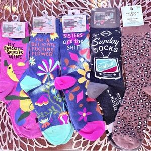 Blue Q Colorful Novelty Crew Socks Pack - Pink, Purple, Blue, Black, Brown